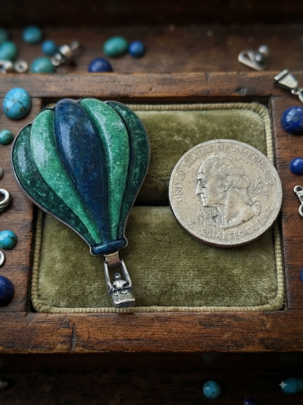 Sterling Silver .925 Hot Air Balloon Brooch Pendant with Green and Blue Inlay